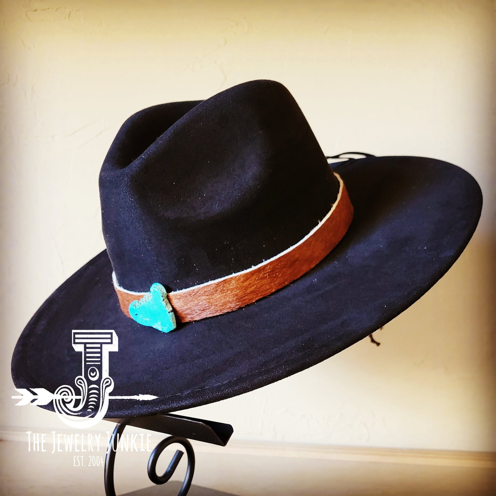 Boho Western Felt Hat w/ Choice of Leather Hat Band w/ Turquoise Slab-Black 980j