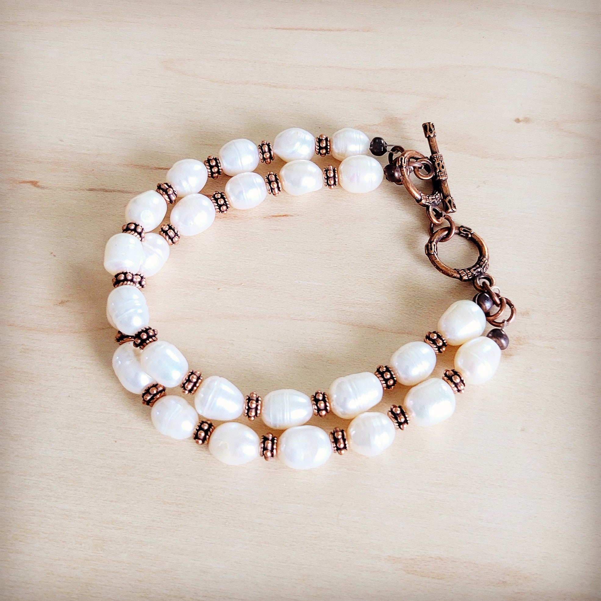 Freshwater Pearl &amp; Copper Boho Beaded Double Strand Bracelet 811y