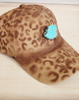 Hand-Painted Leopard Suede Baseball Cap Tan w/ Turq 986u