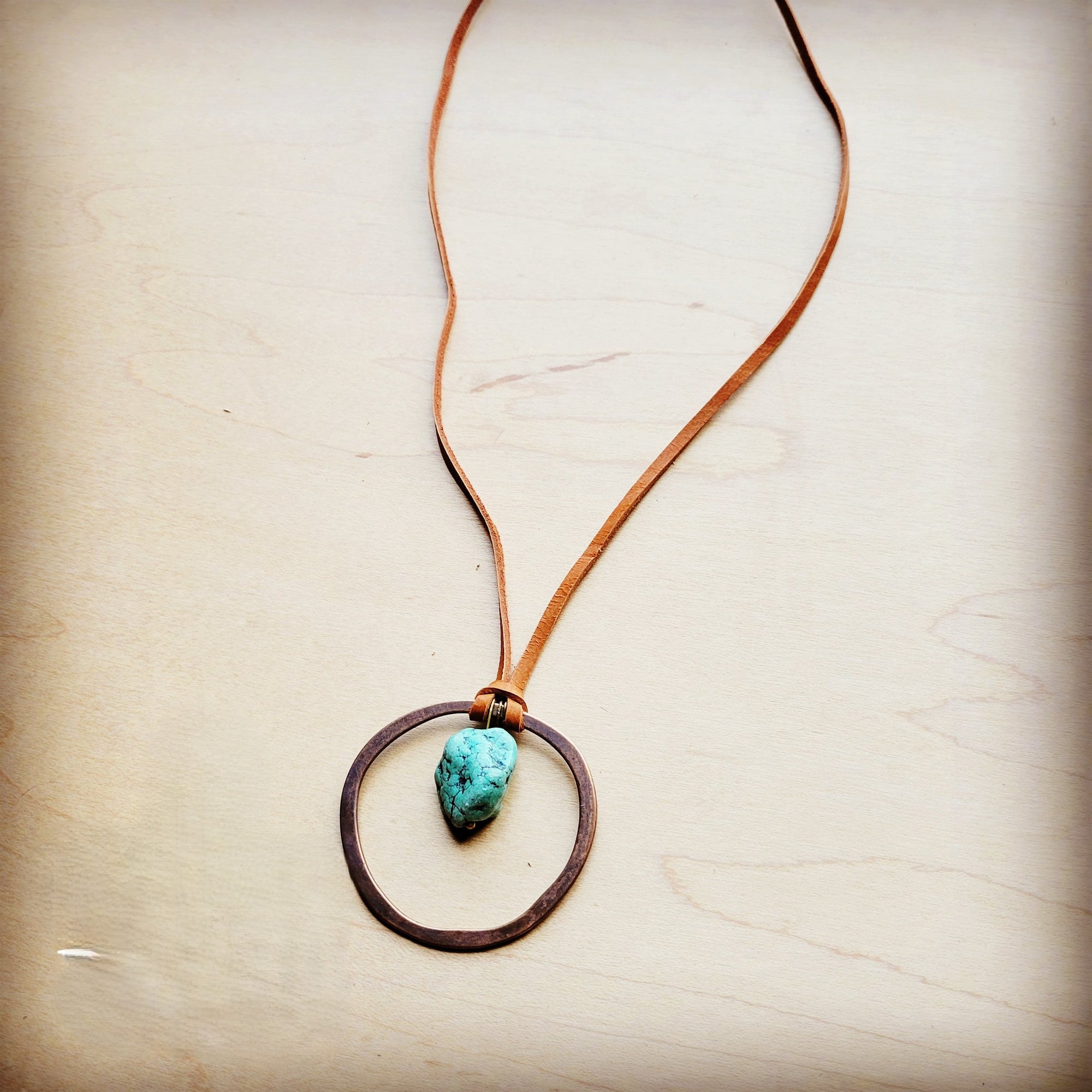 Leather Cord Necklace Antique Gold Hoop &amp; Natural Turquoise  254v