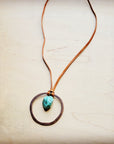 Leather Cord Necklace Antique Gold Hoop & Natural Turquoise  254v