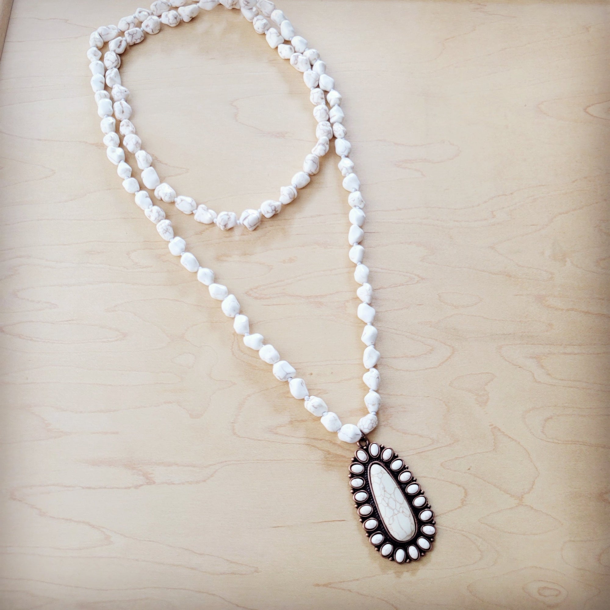 Long Turquoise Beaded Necklace w/ Squash Blossom Pendant White 261ww