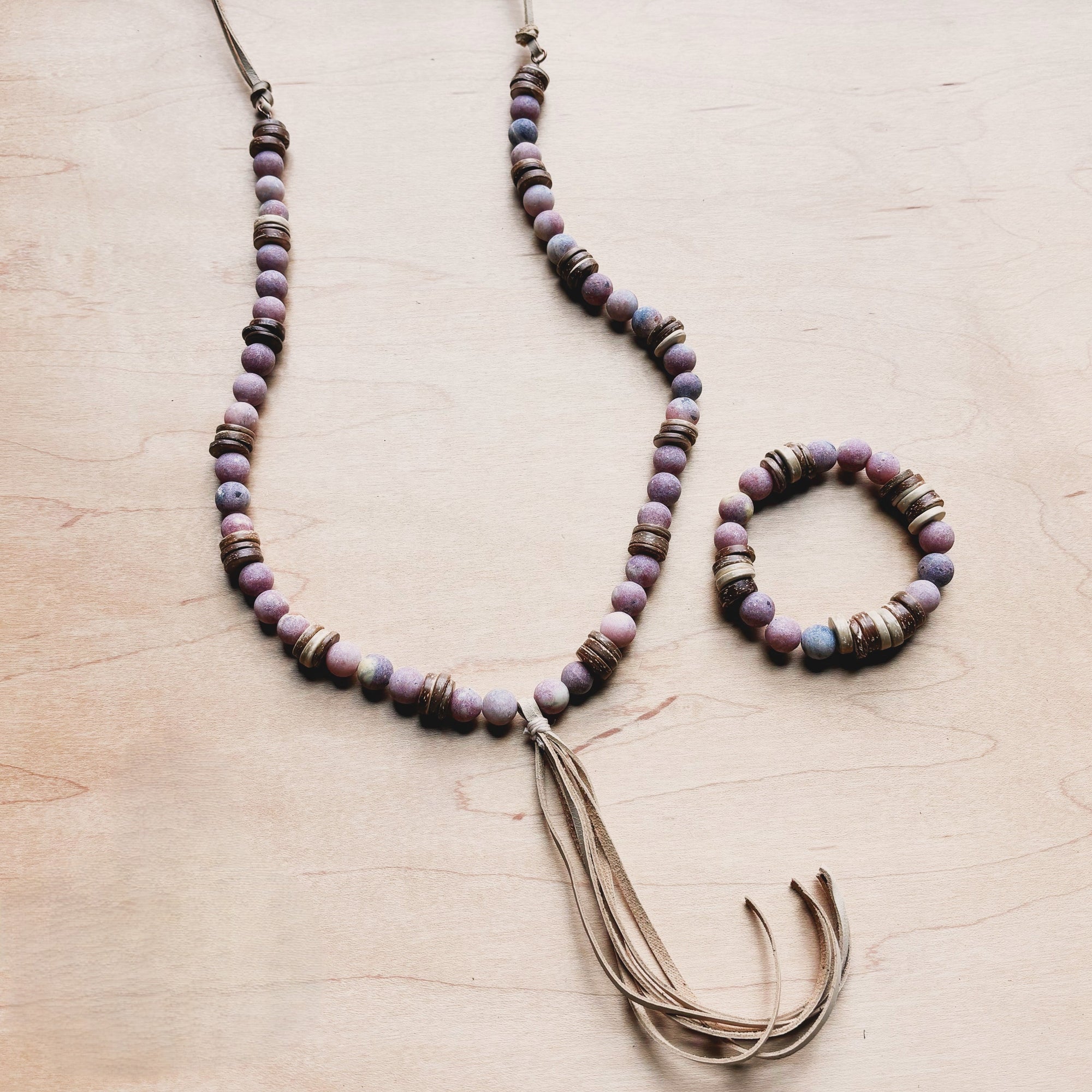 **Frosted Marble Jasper Necklace w/ Wood Beads &amp; Leather Tassel 258b