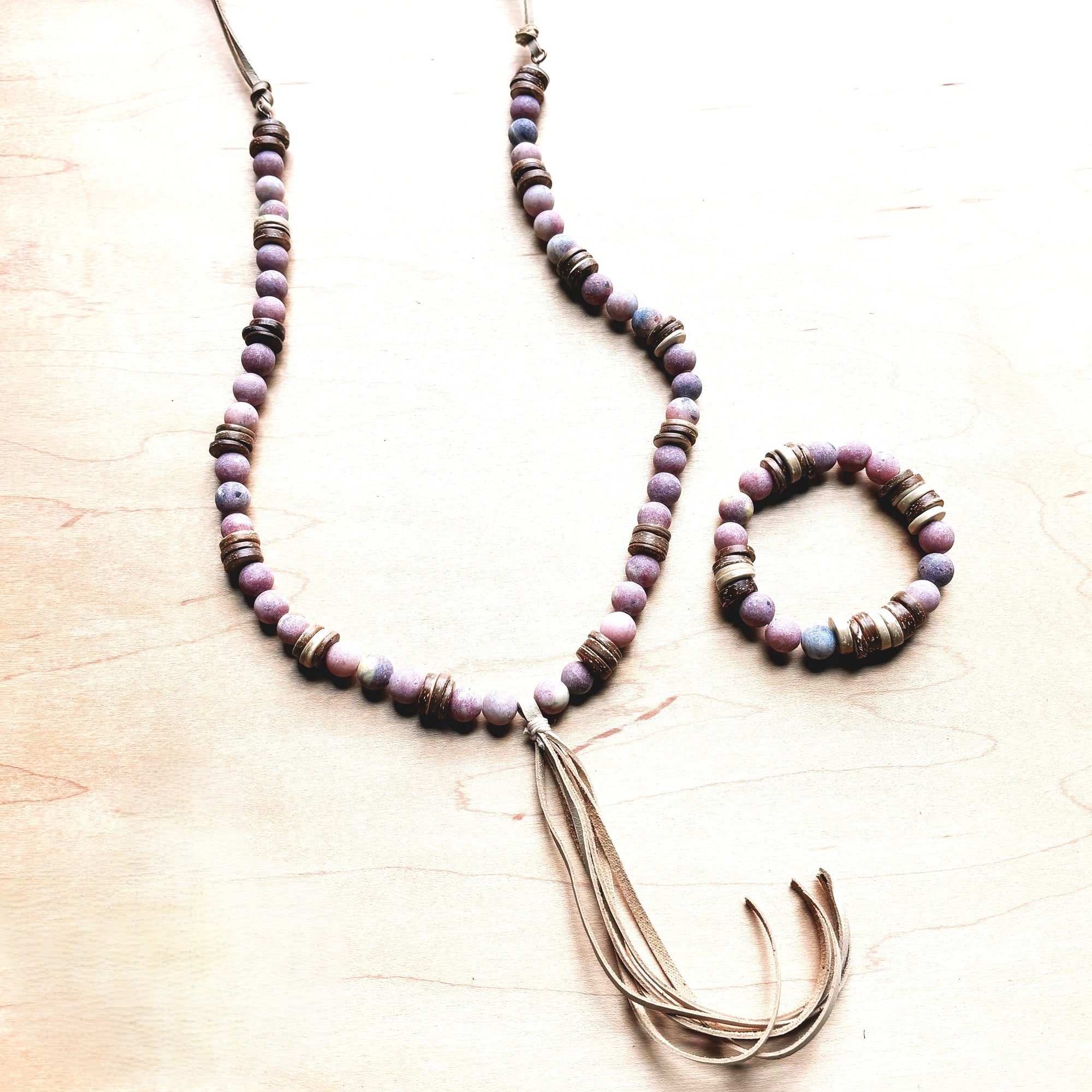 **Frosted Marble Jasper Necklace w/ Wood Beads &amp; Leather Tassel 258b