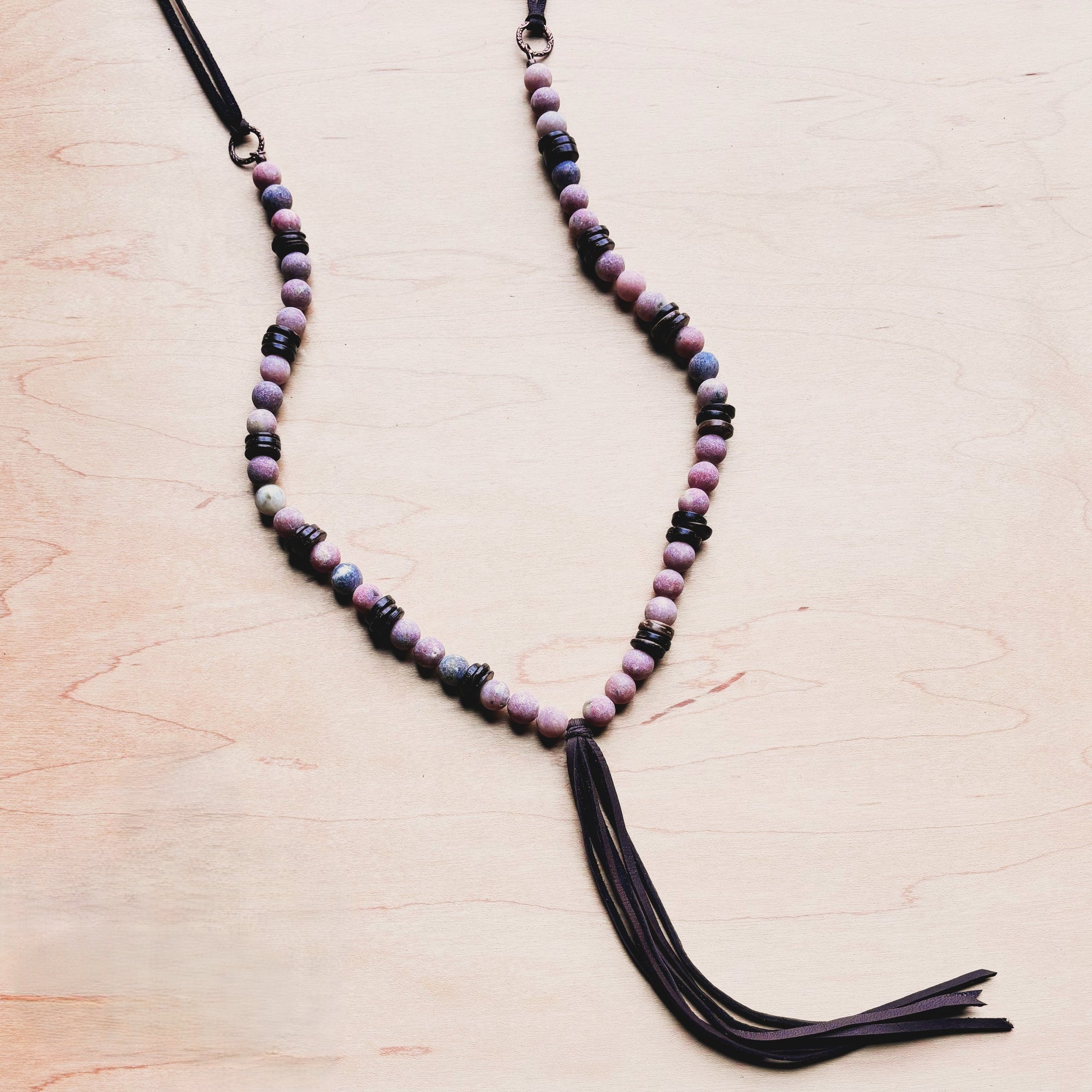 **Frosted Marble Jasper Necklace w/ Wood Beads &amp; Leather Tassel 258b