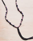 **Frosted Marble Jasper Necklace w/ Wood Beads & Leather Tassel 258b