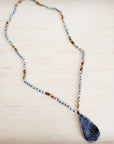Amazonite & Crystal Long Beaded Necklace w/ Druzy Pendant 262u