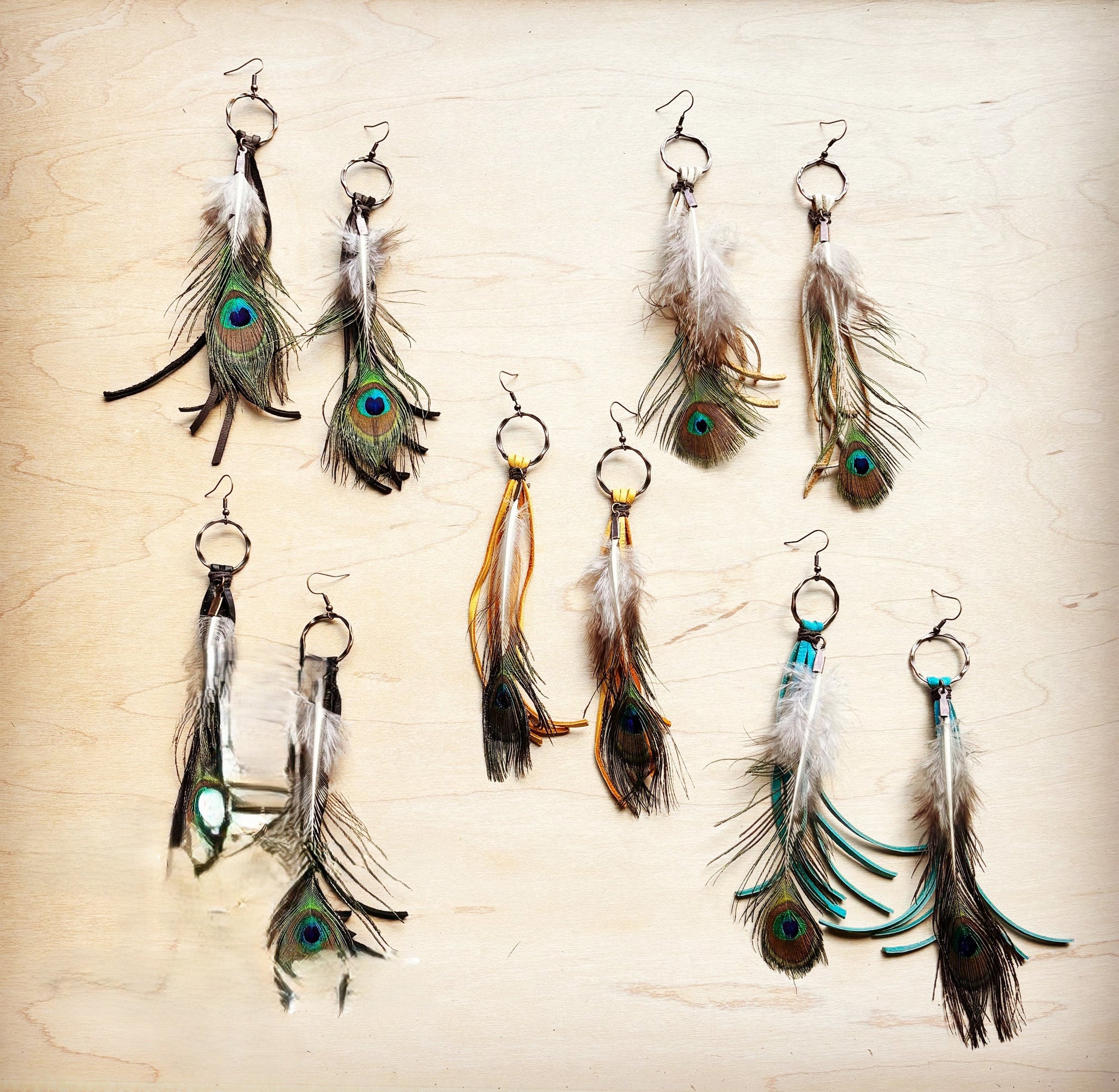 Bone Deer Skin Leather Tassel Earring Peacock Feather 219k