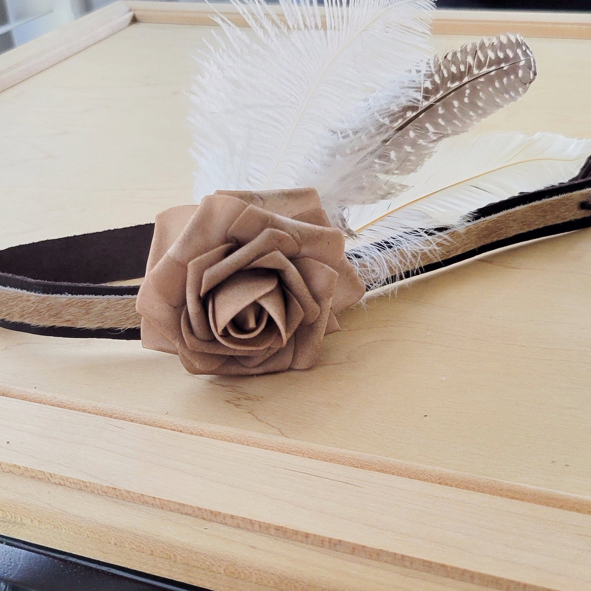 Leather Hat Band w/ Silk Flower &amp; Feathers-Coffee (Band Only) 952y