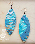 **Leather Oval Earrings-Aztec Cyan 210d