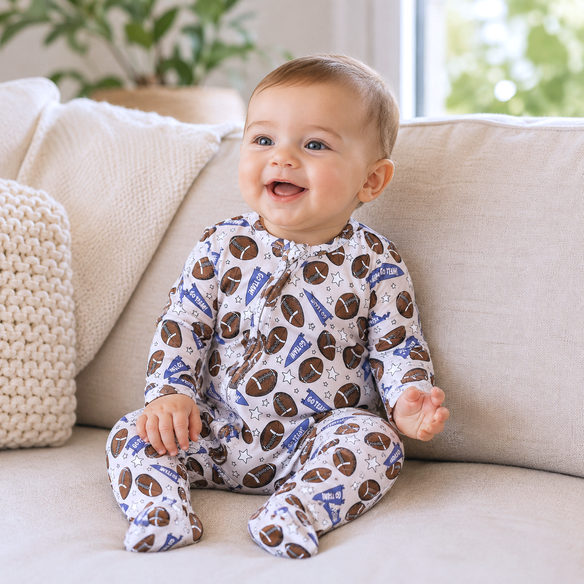 Bamboo Zipper Baby Romper – Football Fun &amp; Comfort