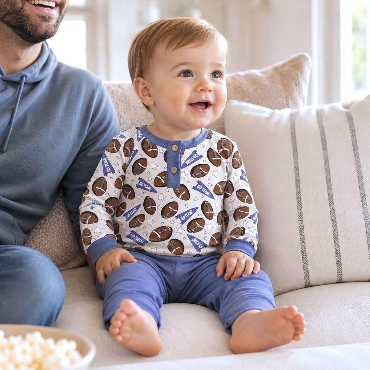 Baby Boy Football Outfit – Bamboo Henley Shirt &amp; Pants Set