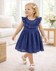 Girls' Eyelet Ruffle Dress - Cotton Blue Embroidered