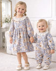 Blue Floral Vintage Linen Baby Romper With Lace Collar