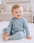 Cotton Baby Zipper Romper With Convertible Cuffs-Blue