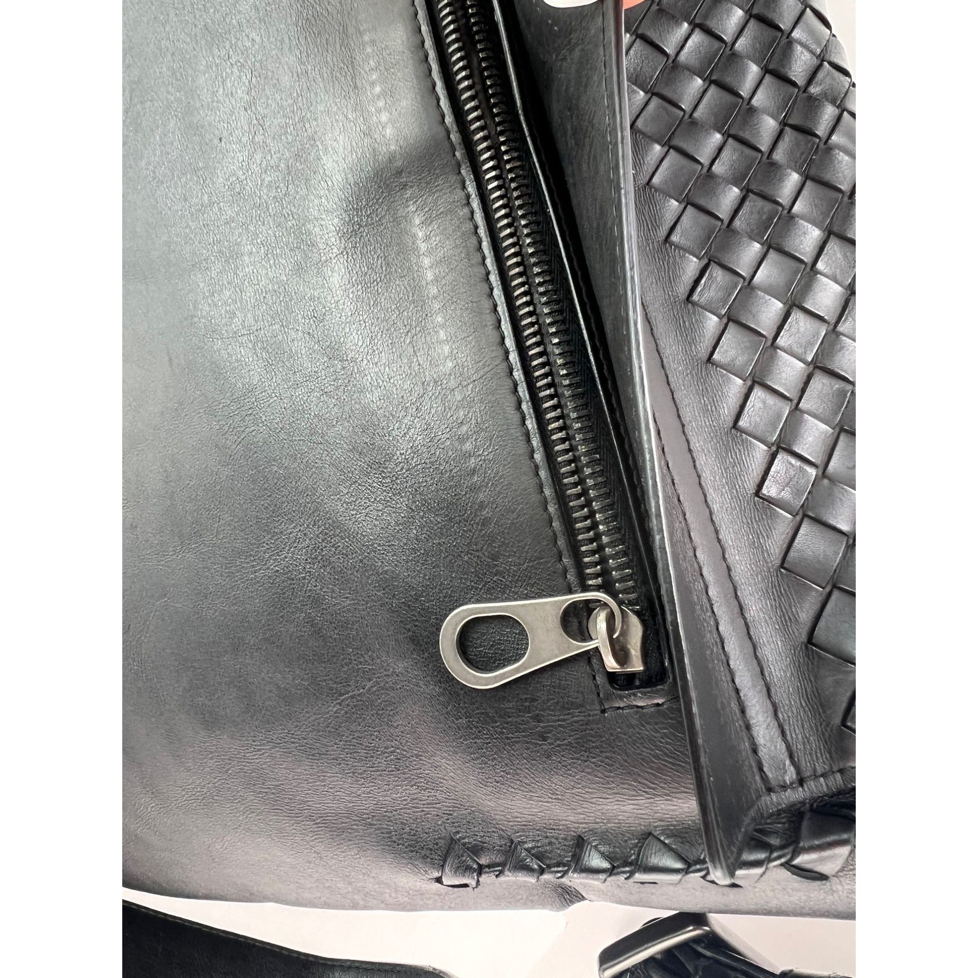 Bottega Veneta Intrecciato  Black Leather Messenger Bag