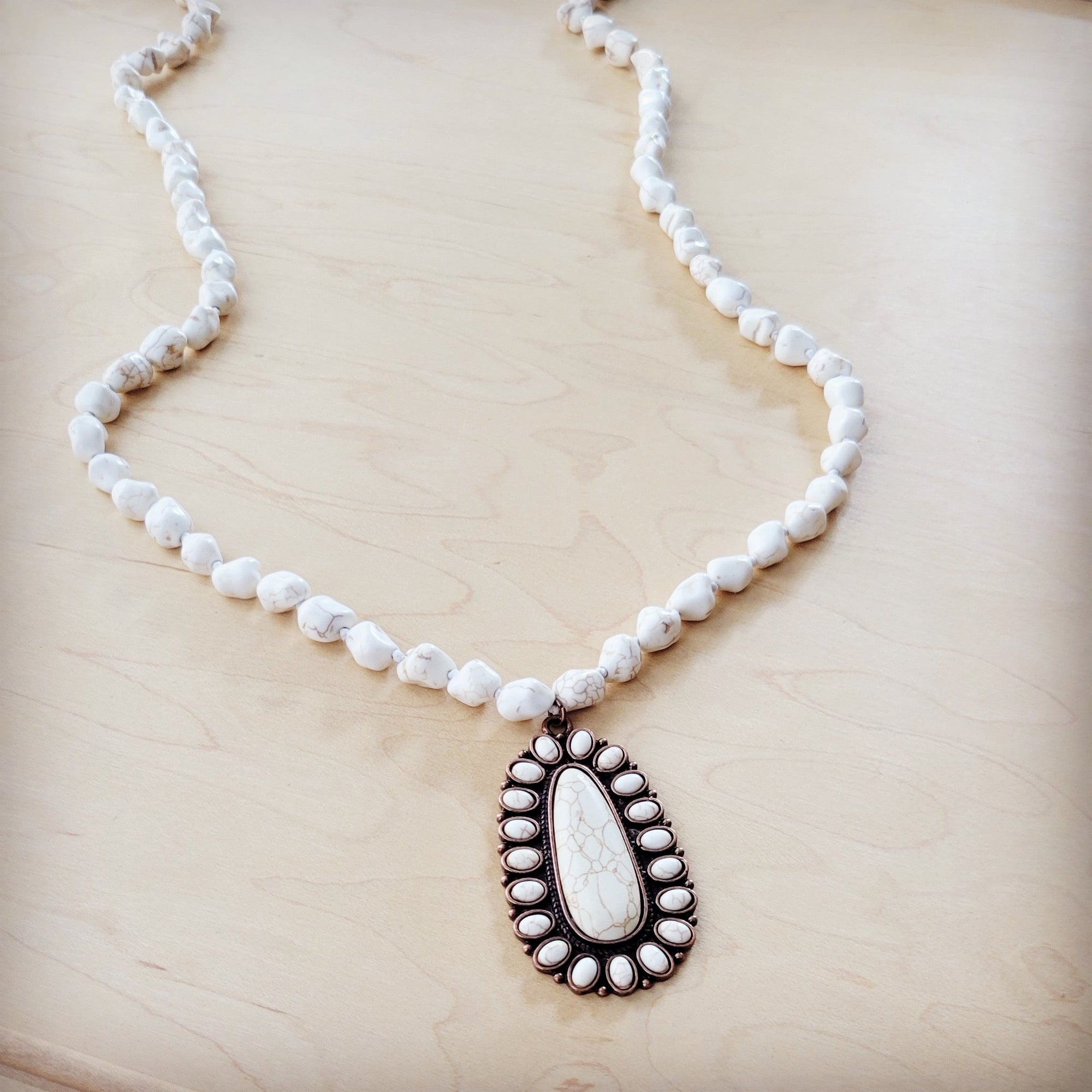 Long Turquoise Beaded Necklace w/ Squash Blossom Pendant White 261ww