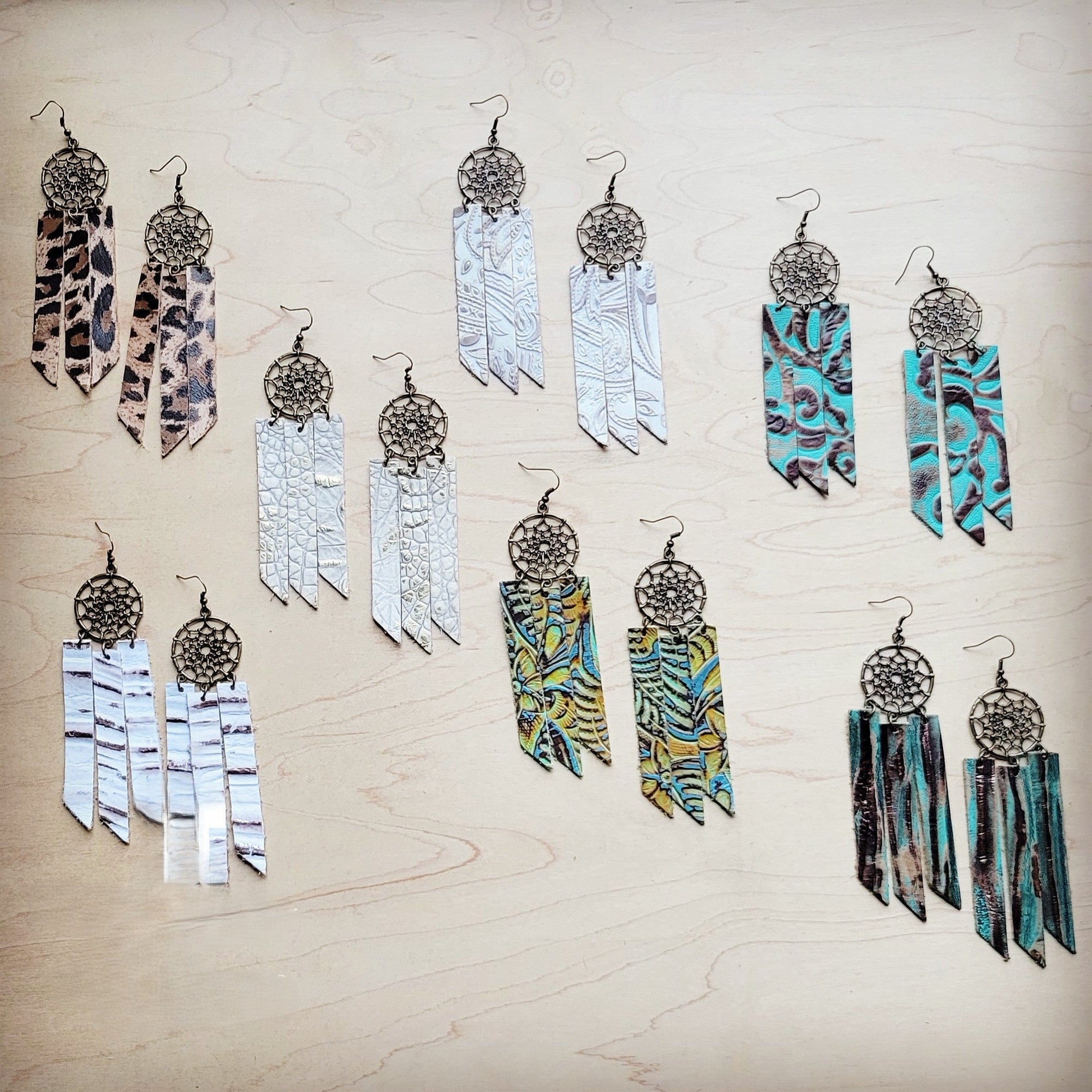 **Dream Catcher Earrings w/ Leather Fringe Turquoise Chateau 200ab