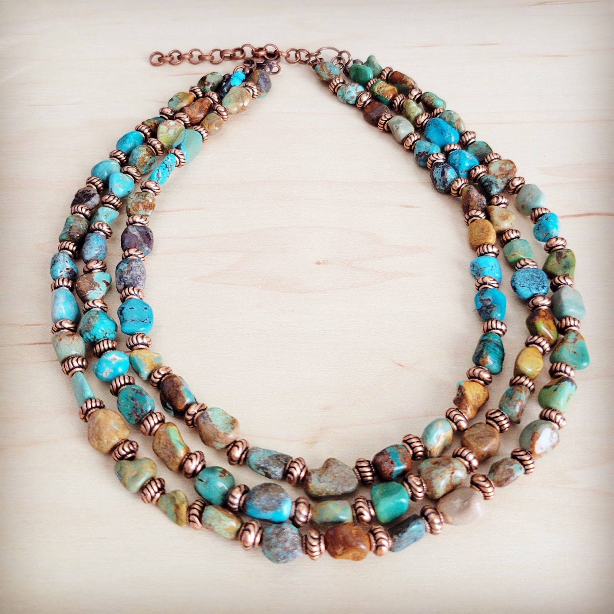 Genuine HuBei Turquoise &amp; Copper Triple Strand Necklace 259t