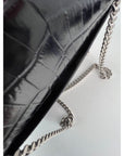 Saint Laurent Black Leather Sunset Wallet on a Chain Crocodile Embossed Bag