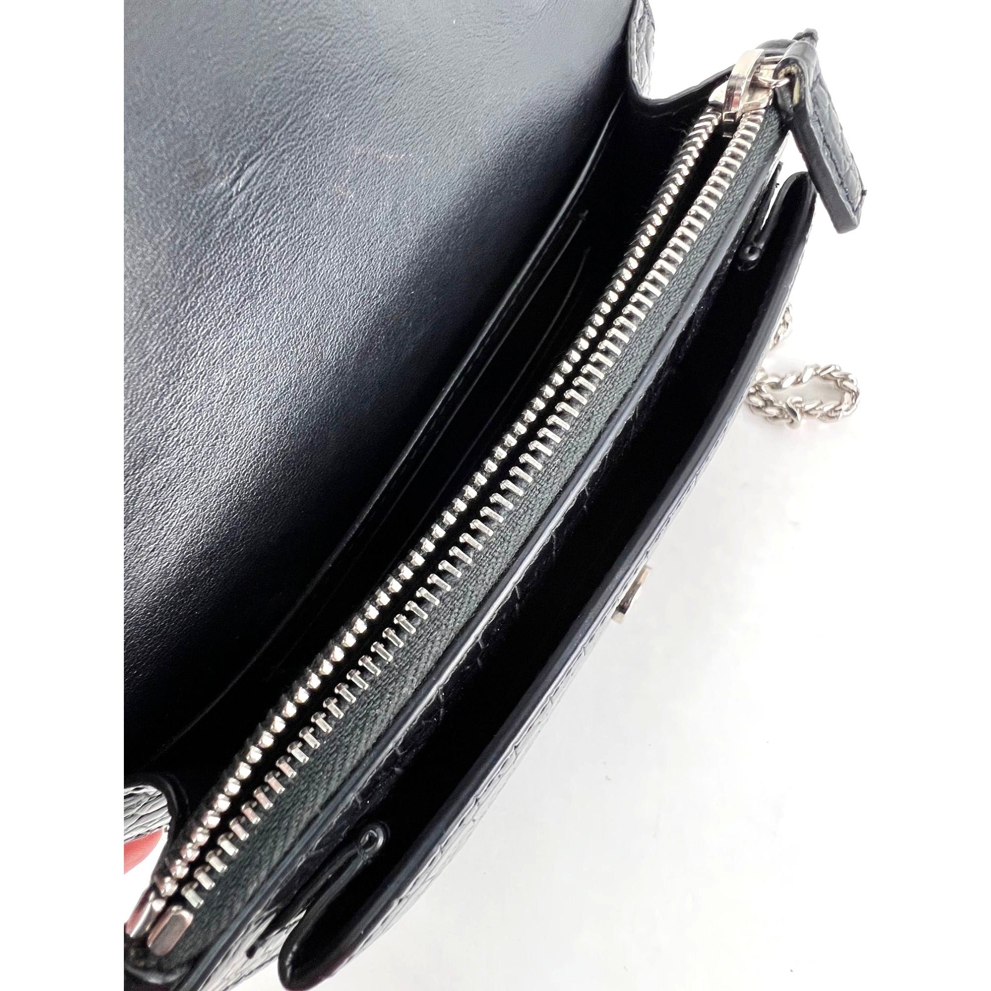 Saint Laurent Black Leather Sunset Wallet on a Chain Crocodile Embossed Bag