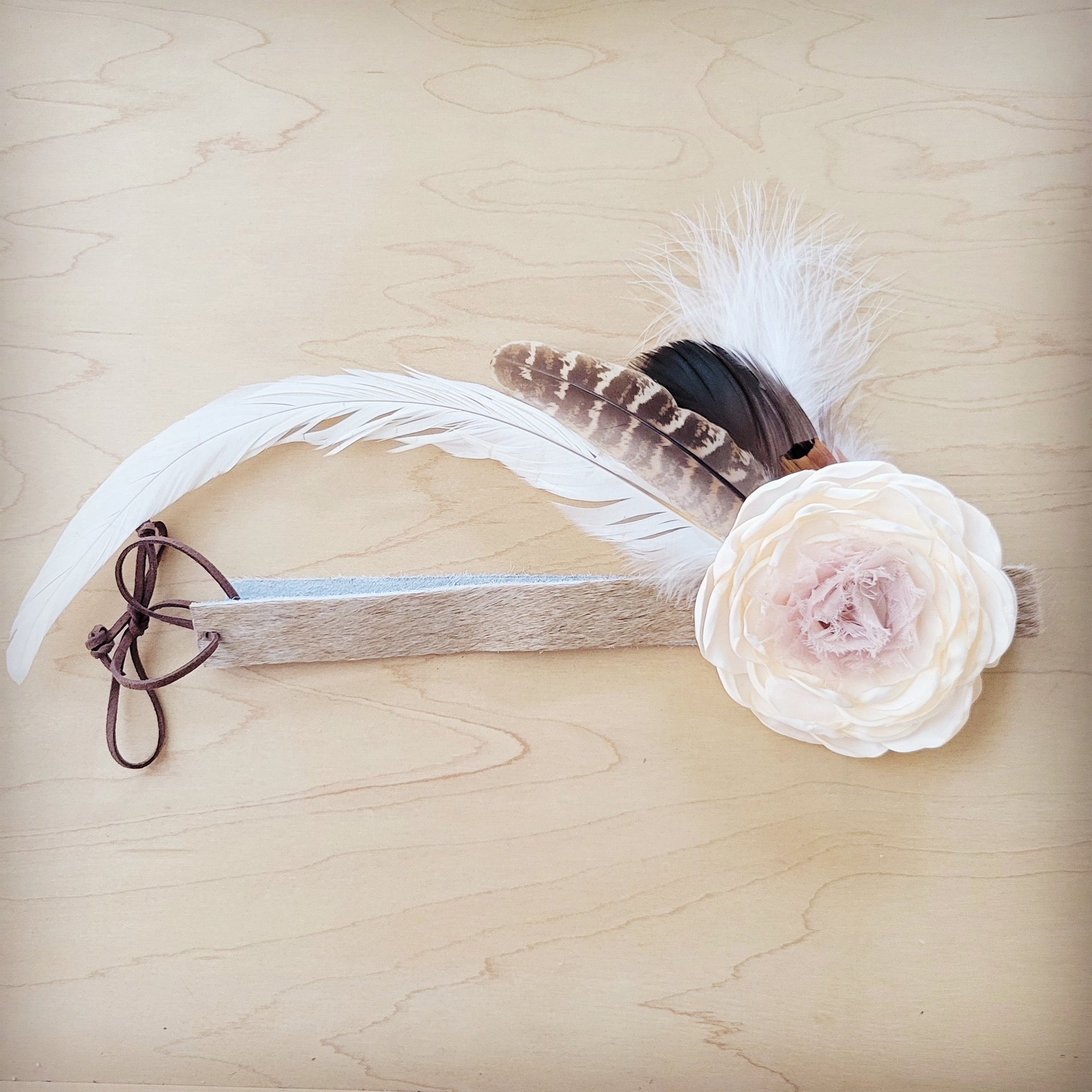 Leather Hat Band w/ Silk Flower &amp; Feathers-Ivory (Band Only) 952s