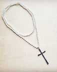 Extra Long Pearl Beaded Necklace w/ Copper Cross 260m