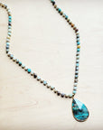 Frosted Amazonite Long Beaded Necklace with Agate Pendant 260o
