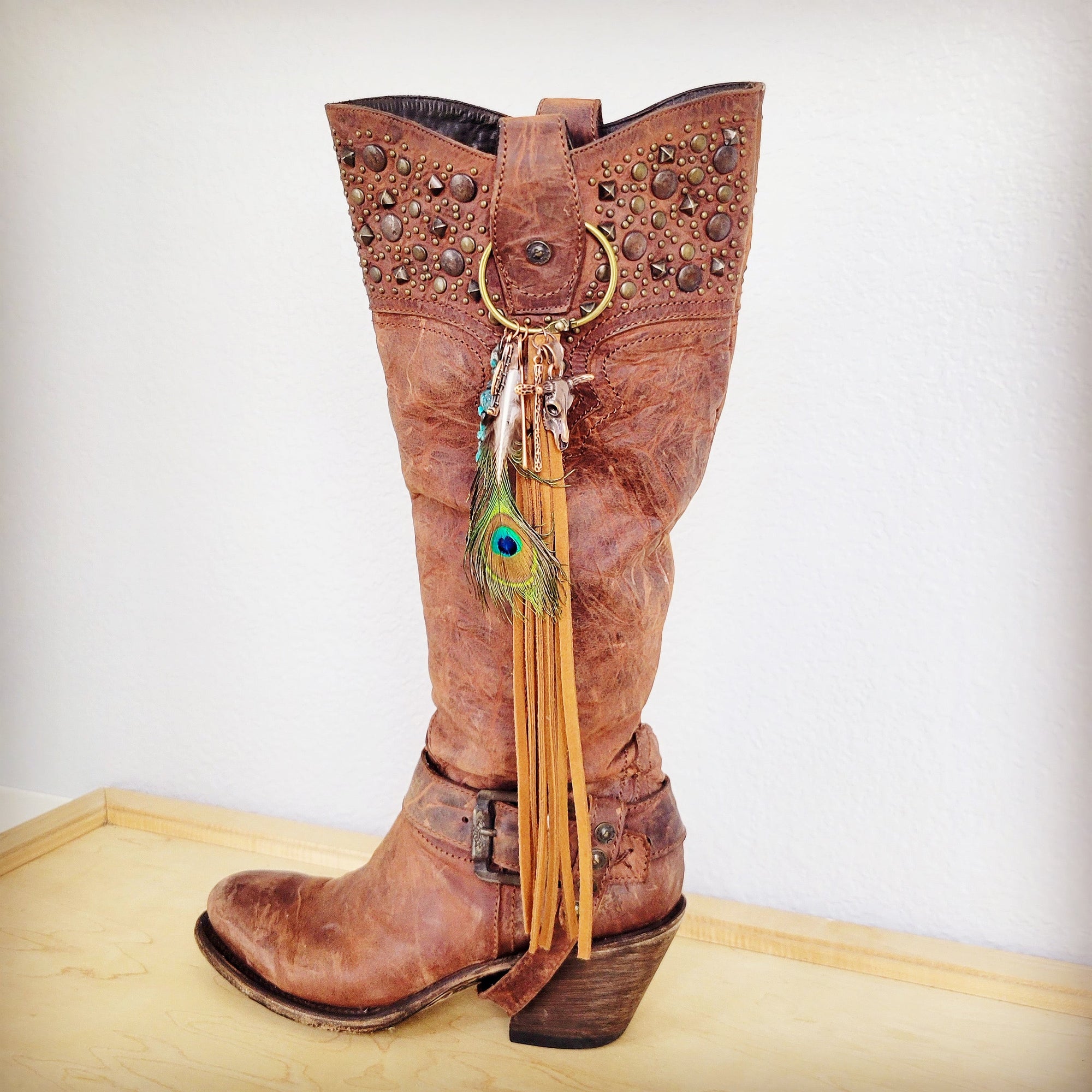 **Boho Western Leather Boot Bling Charm Peacock &amp; Turquoise 500h