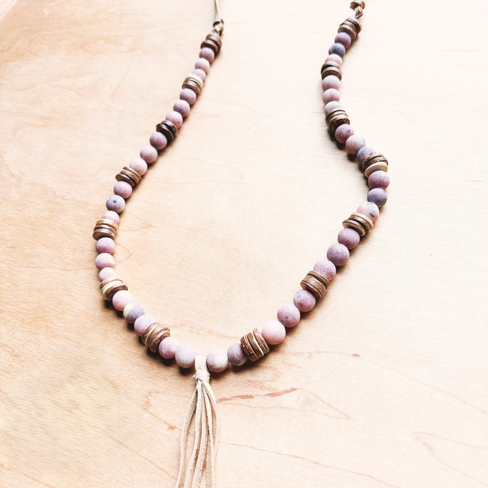 **Frosted Marble Jasper Necklace w/ Wood Beads &amp; Leather Tassel 258b