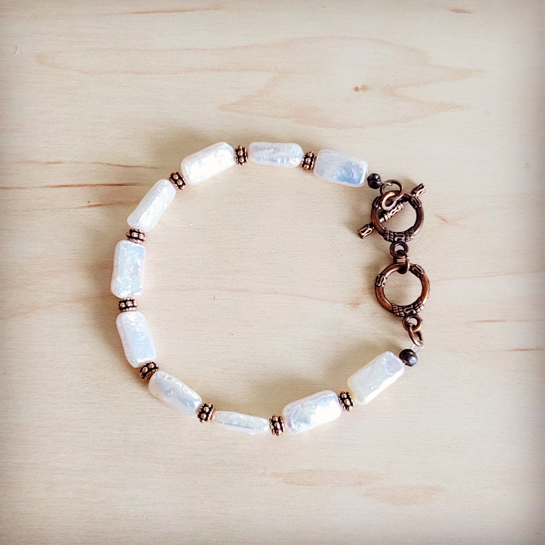 Genuine Rectangle Freshwater Pearl &amp; Copper Bracelet 812c