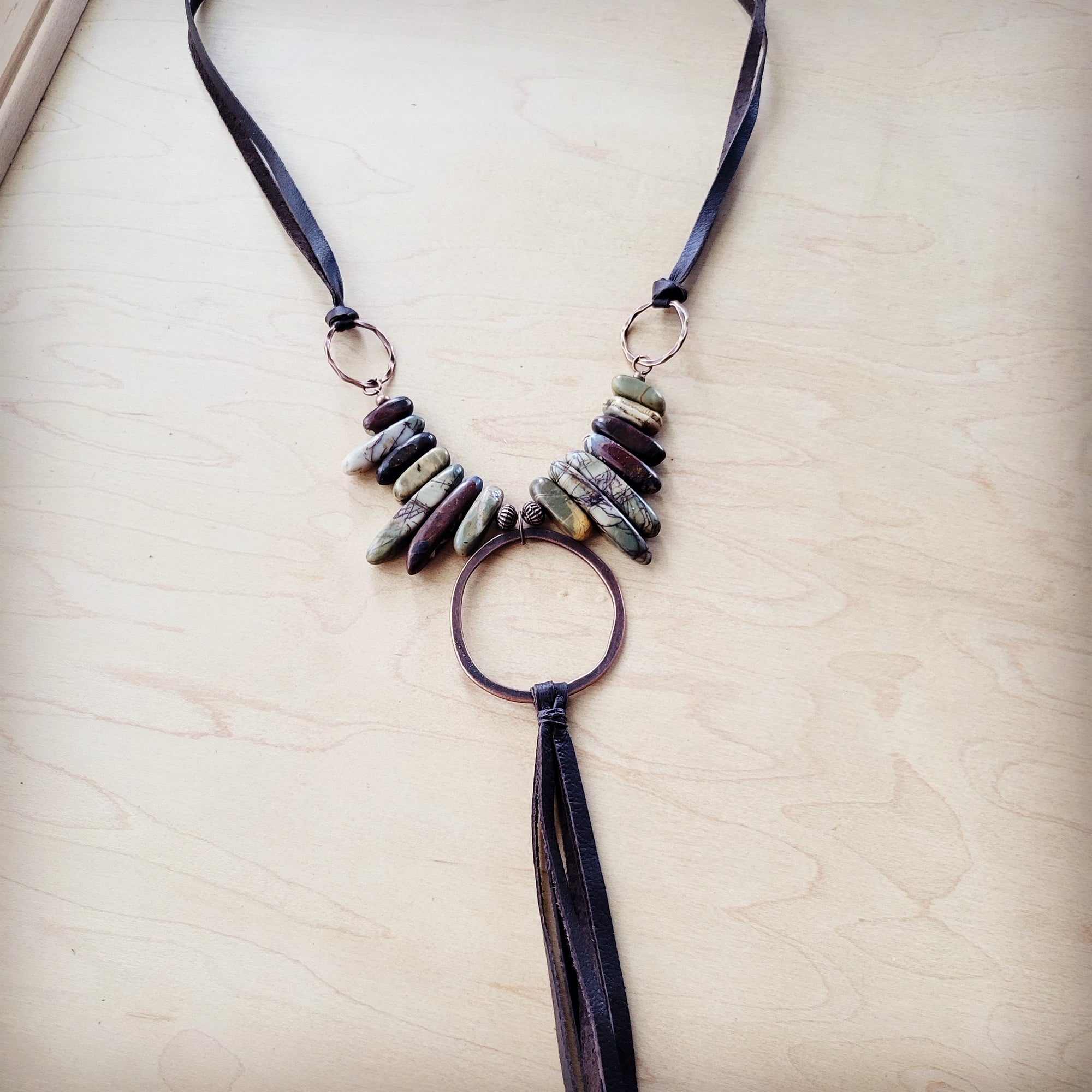 Picasso Jasper Necklace w/ Copper Hoop &amp; Leather Tassel 261e