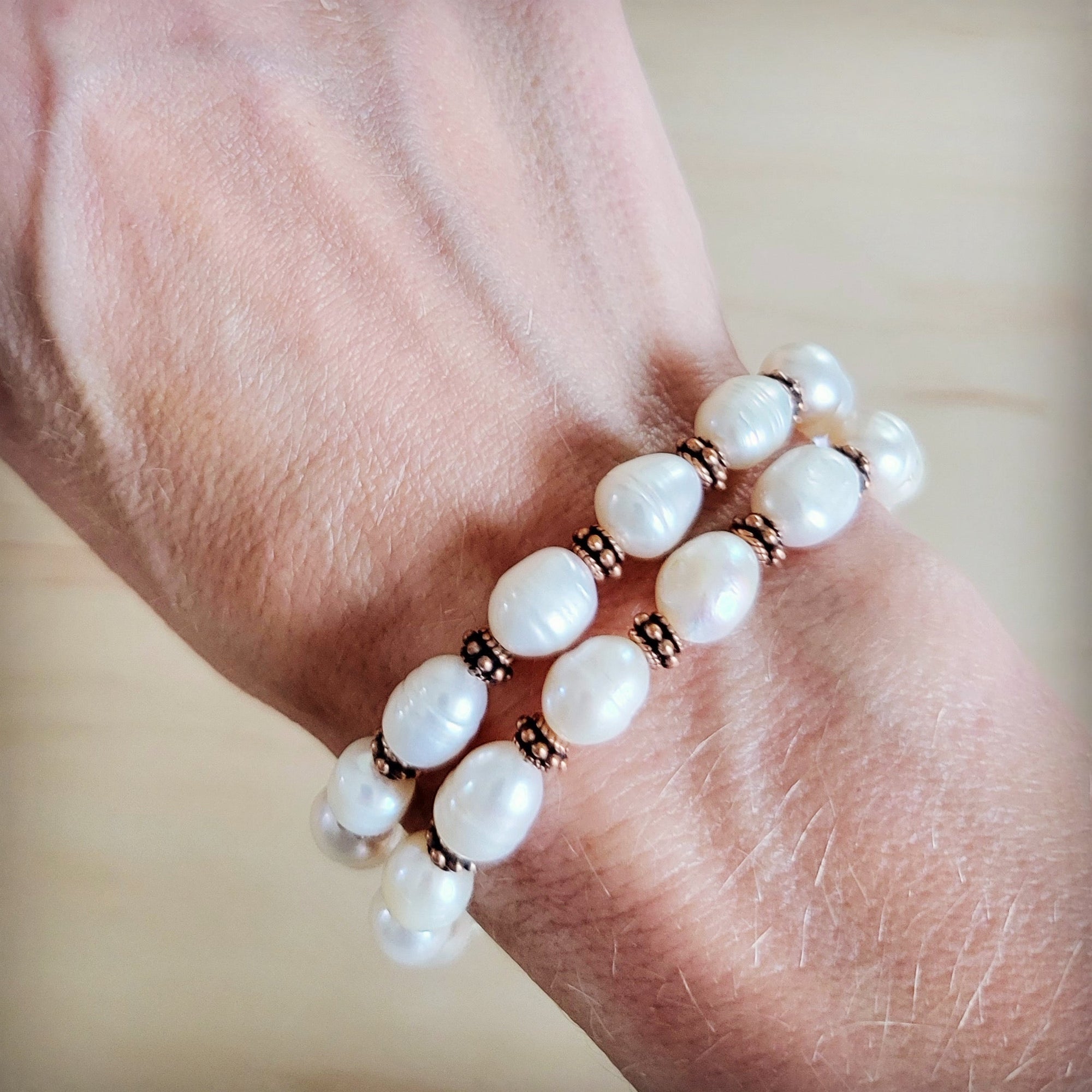 Freshwater Pearl &amp; Copper Boho Beaded Double Strand Bracelet 811y