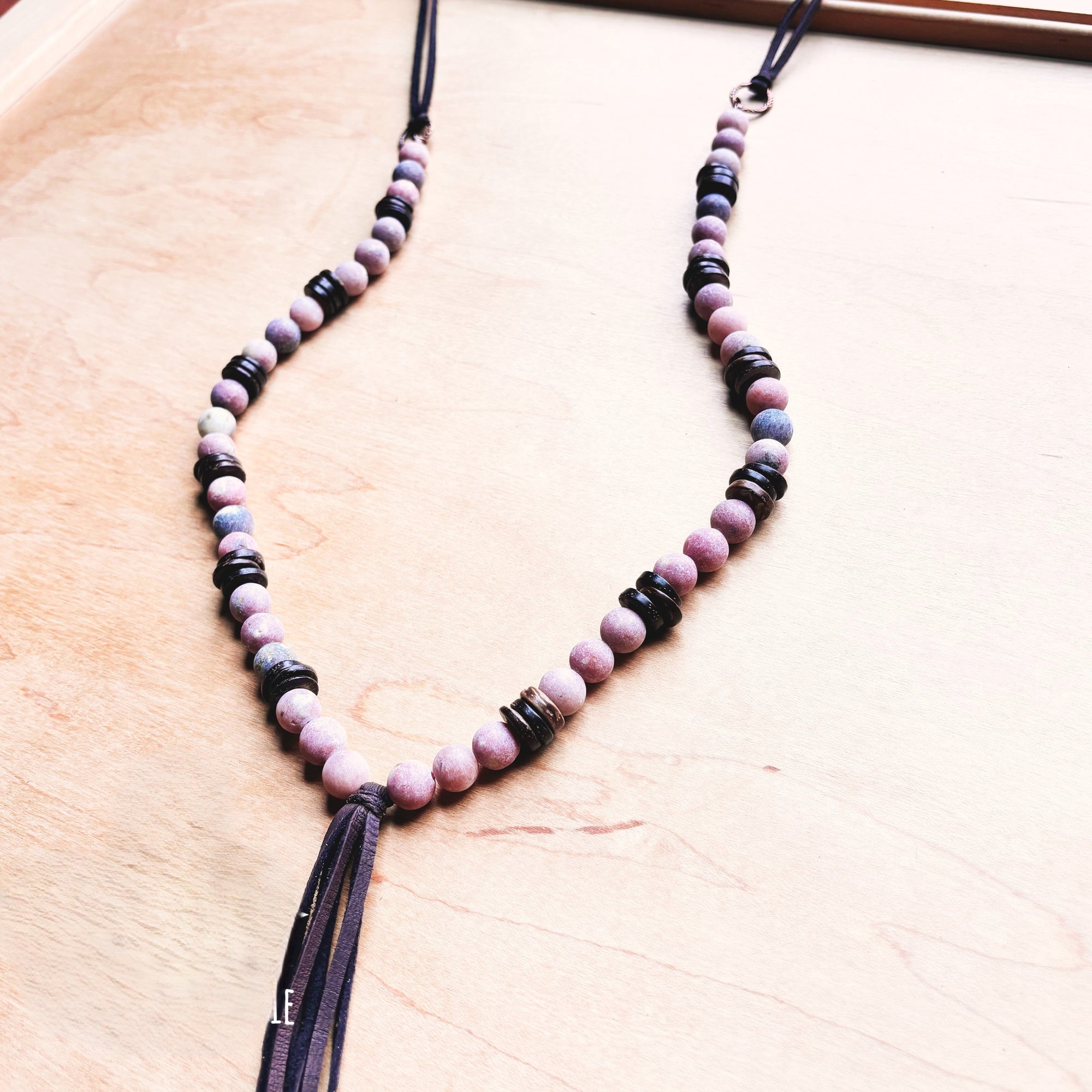 **Frosted Marble Jasper Necklace w/ Wood Beads &amp; Leather Tassel 258b