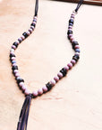 **Frosted Marble Jasper Necklace w/ Wood Beads & Leather Tassel 258b