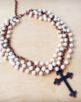 White Turquoise Beaded Collar Necklace w/ Cross Pendant 260z