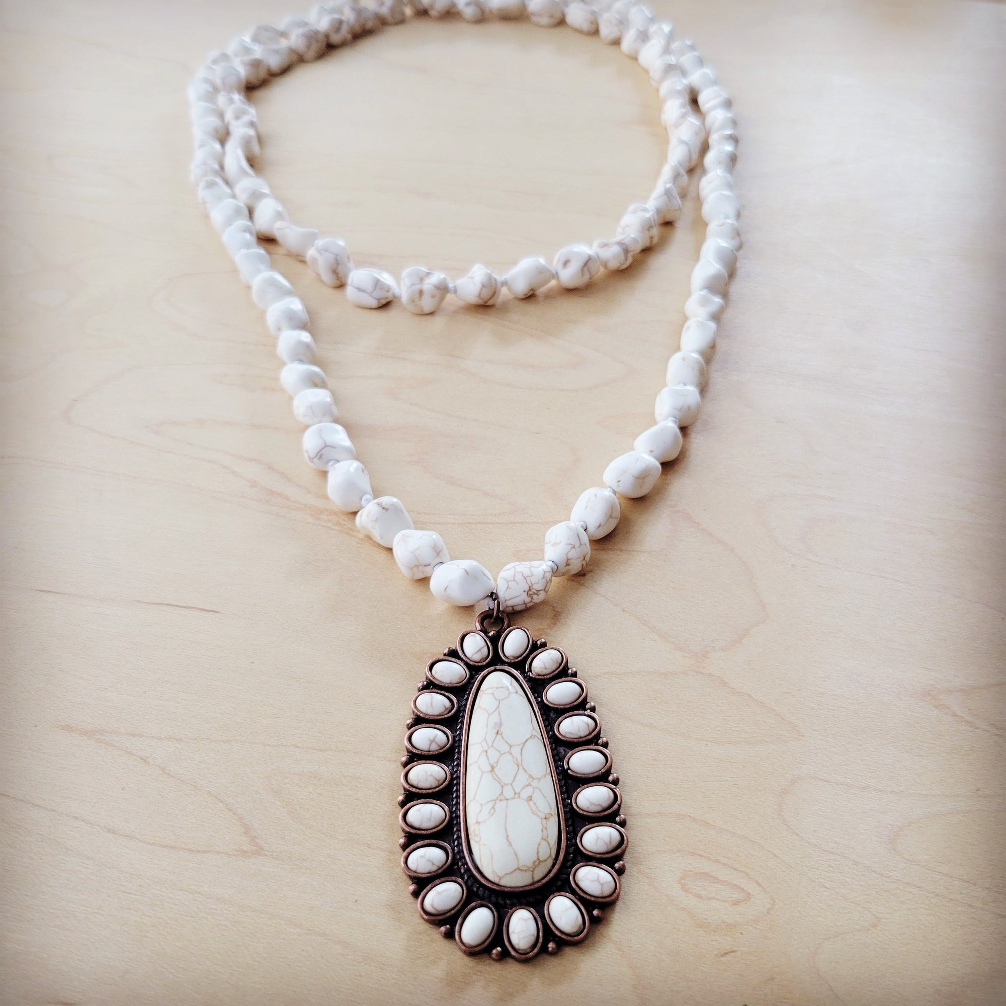 Long Turquoise Beaded Necklace w/ Squash Blossom Pendant White 261ww