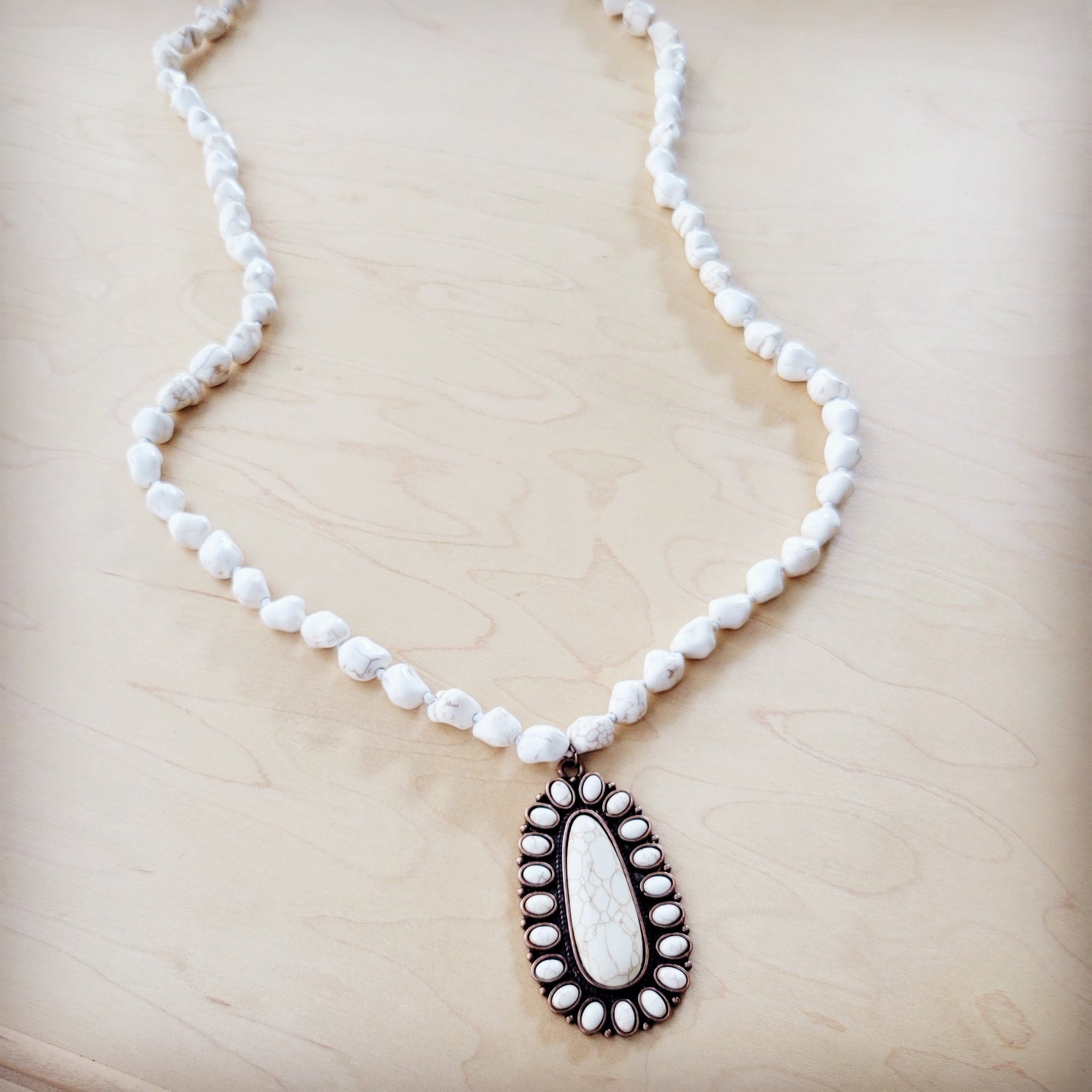 Long Turquoise Beaded Necklace w/ Squash Blossom Pendant White 261ww