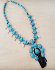 Turquoise Squash Blossom Necklace w/ Short Black Tassel 261y