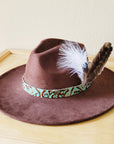 Cowboy Turquoise Leather Hat Band w/ Feather Accents 952g