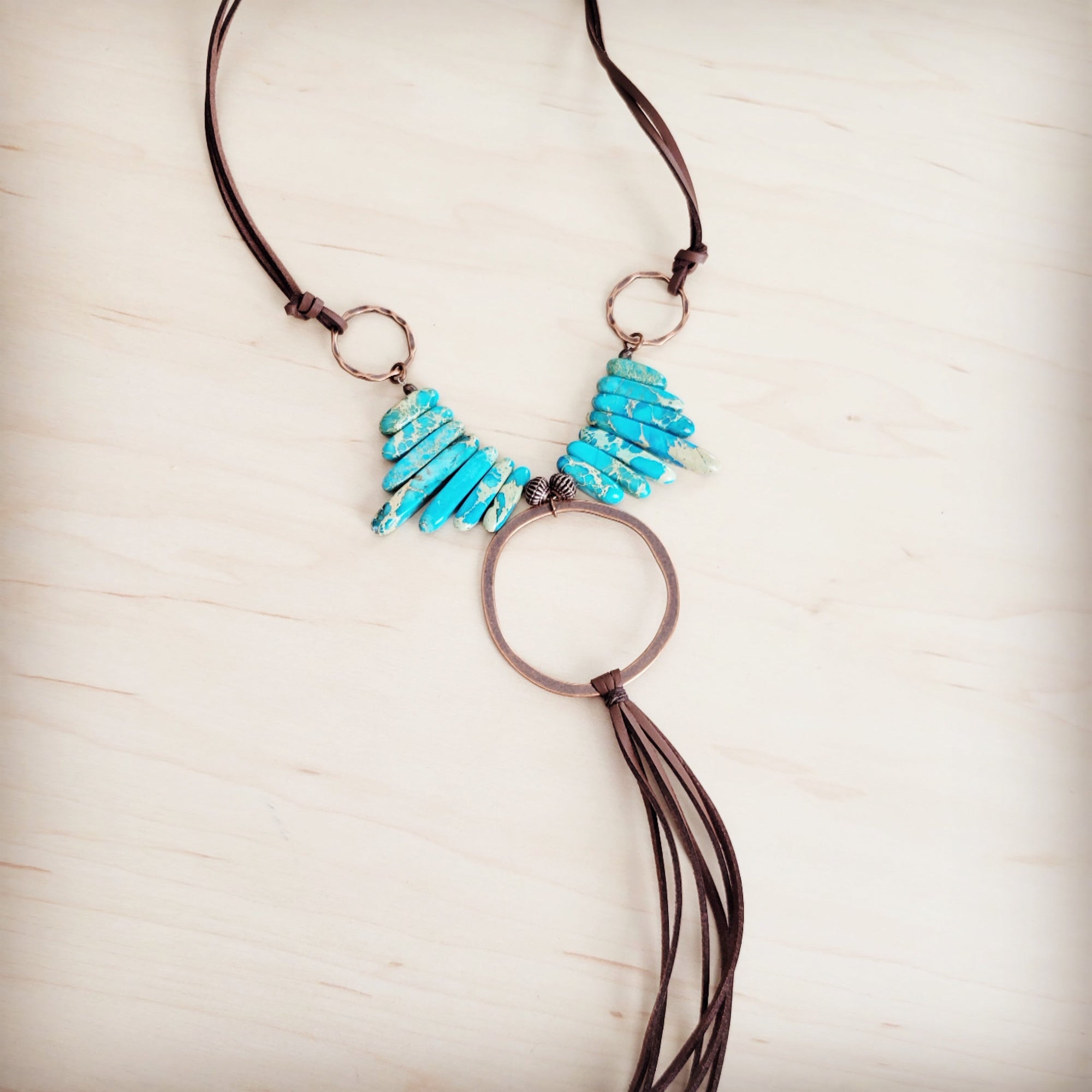 Imperial Jasper Slab Necklace w/ Copper Hoop &amp; Tassel 252h