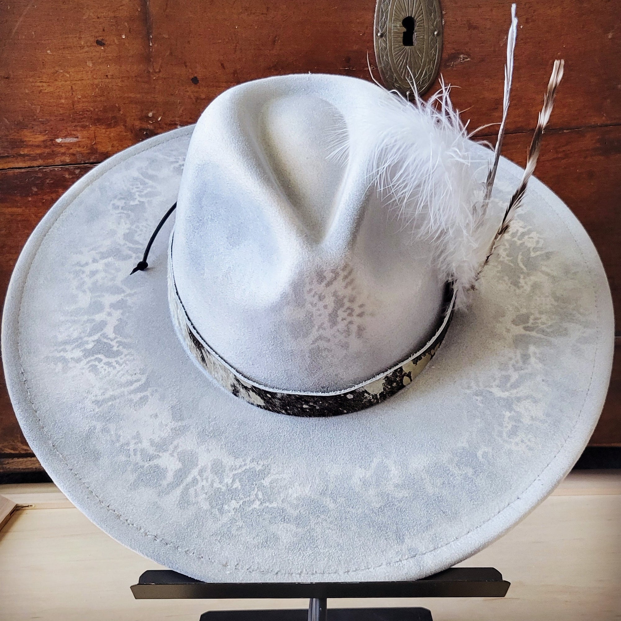Hand-Painted Python Boho Western Cowgirl Hat &amp; Band-Silver 987f