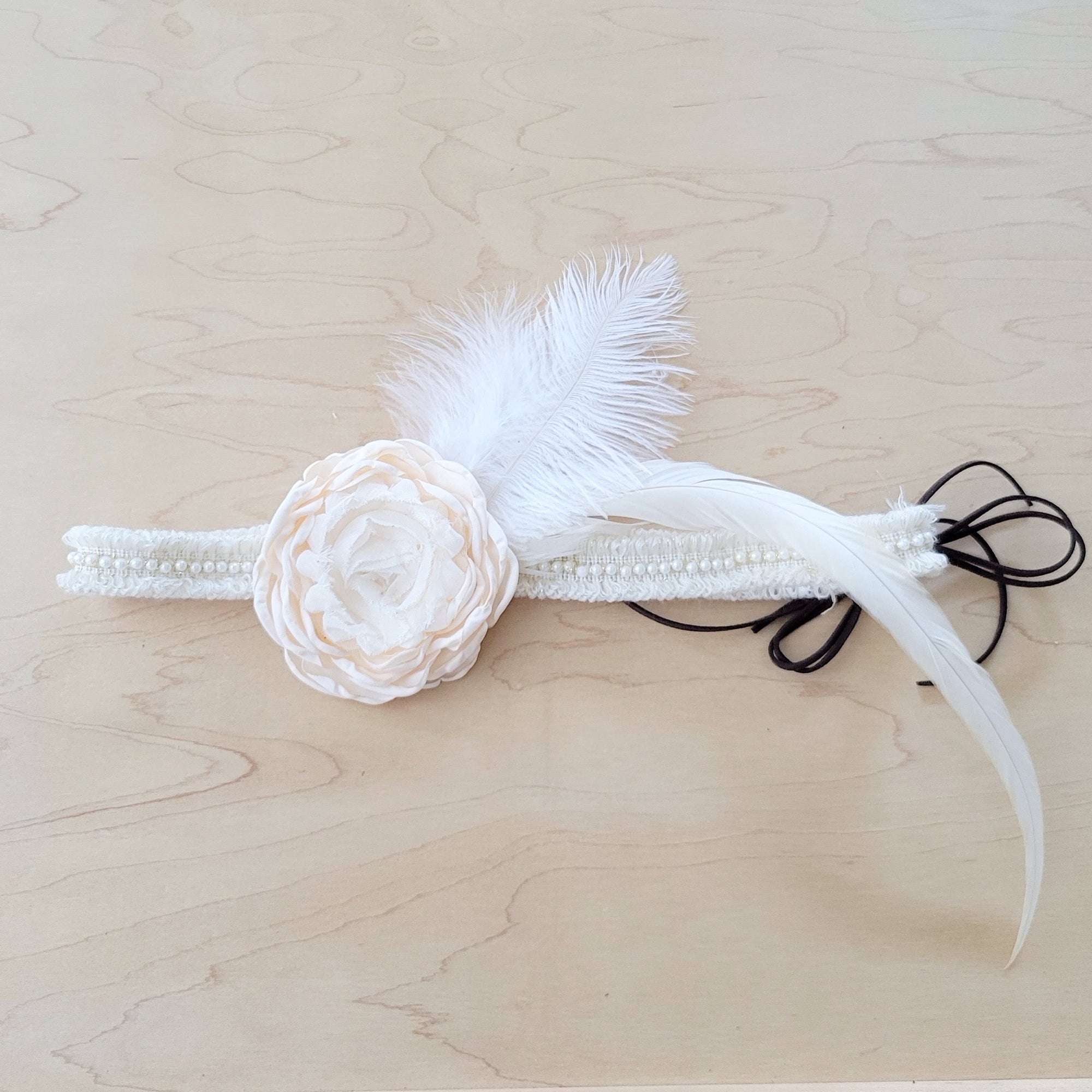 Lace &amp; Pearl Hat Band w/ Silk Flower &amp; Feathers-Ivory (Band Only) 952u