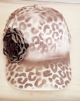 Hand-Painted Leopard Suede Baseball Cap Ivory w/ Flowers 986v