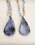 Amazonite & Crystal Long Beaded Necklace w/ Druzy Pendant 262u