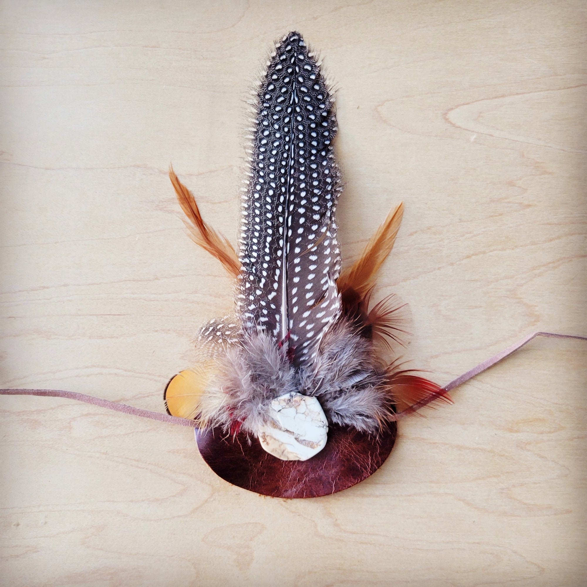 Spotted Feather, White Stone &amp; Brown Leather Hat Band (Band only) 984ww