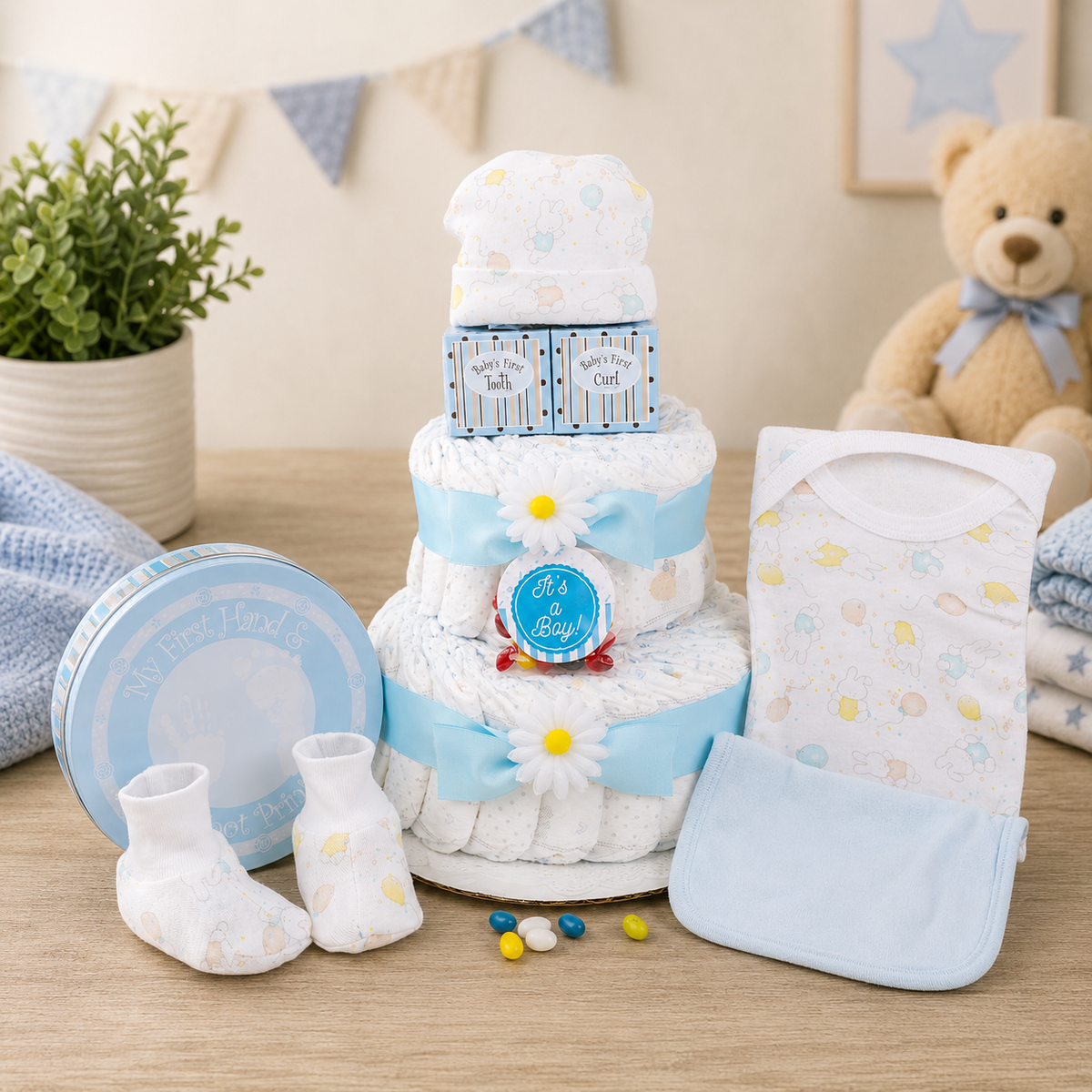Sweet Baby Boy Blue Diaper Cake Gift Tower