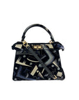 Fendi Peekaboo I see u Medium Printed Velvet Black Blue Satchel Shoulder Bag