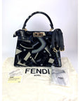 Fendi Peekaboo I see u Medium Printed Velvet Black Blue Satchel Shoulder Bag