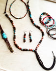 **Multi-Colored Turquoise Necklace with Wood Beads & Leather Tassel 236B